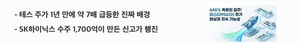 '테스 주가 1년 만에 약 7배 급등한 진짜 배경'이라는 문구가 포함된 웹배너 이미지. 이 이미지는 SK하이닉스 연속 수주로 인한 테스 주가 신고가 흐름을 시각적으로 전달하며, 블로그의 테스 주가 전망과 관련된 내용을 설명함