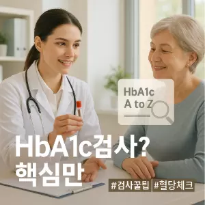 젊고 친절해 보이는 의사(여성)가 손에 작은 혈액 샘플 튜브를 들고, 맞은편에 앉아 경청하는 중년의 환자(남성 또는 여성)에게 당화혈색소 검사의 과정이나 중요성에 대해 설명하는 듯한 모습. 환자는 안심하거나 이해했다는 듯 가볍게 미소짓고 있다. 배경은 현대적이고 밝은 병원 상담실이며, 창밖으로는 부드러운 햇살이 들어온다. 이미지 한쪽에 'HbA1c 검사 A to Z' 문구가 적힌 작은 체크리스트 또는 돋보기 아이콘 그래픽이 은은하게 떠 있는 효과.