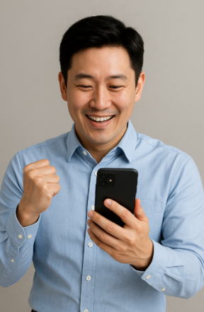 핸드폰을 보며 만족해하는 동양인 남성