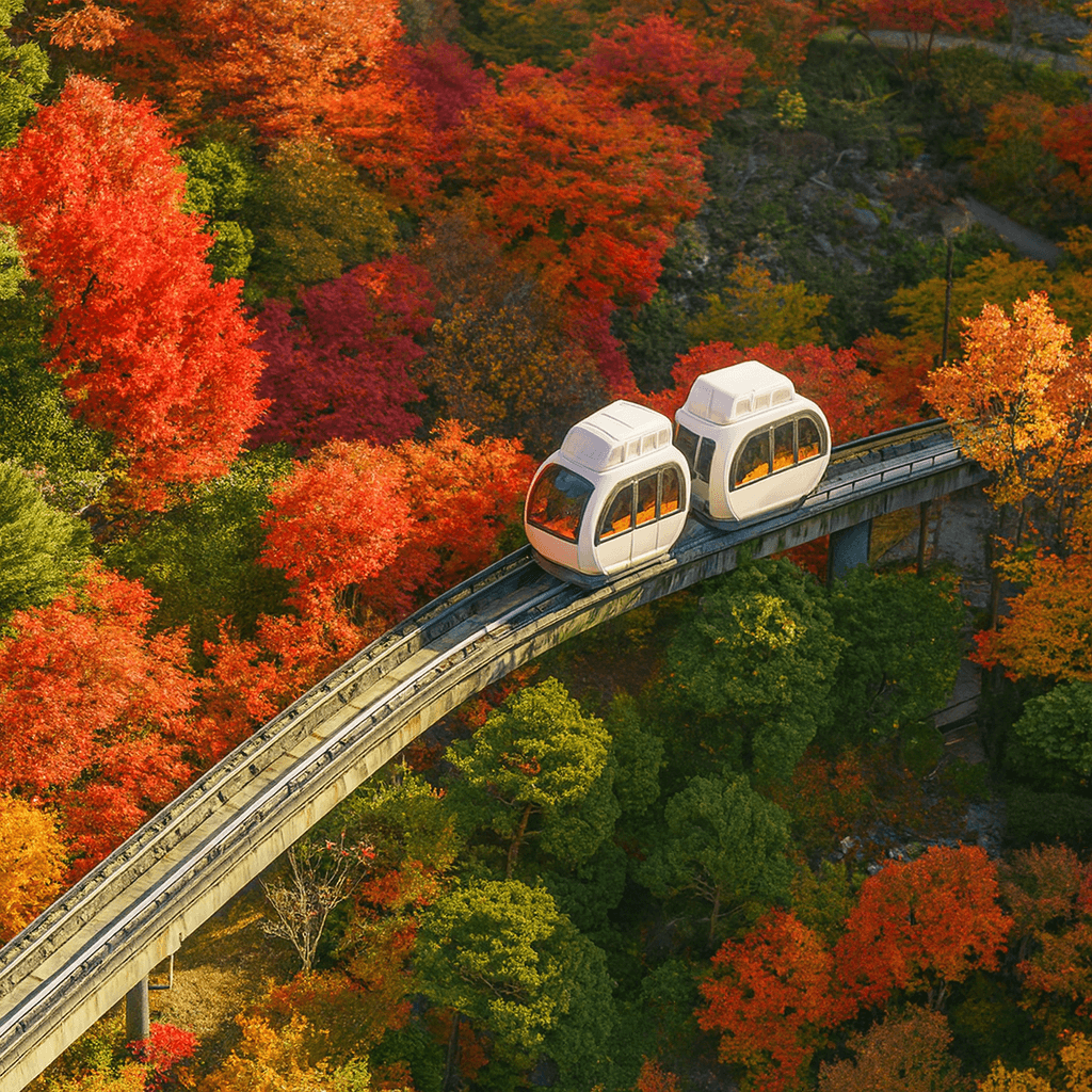 가을 단풍으로 물든 숲속을 달리는 화담숲 모노레일 AI 재현 이미지