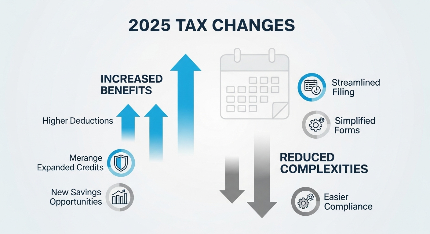2025년 연말정산 세법 개정의 주요 변경 사항을 요약한 깔끔한 인포그래픽
