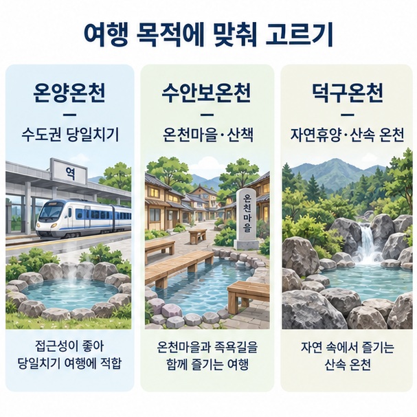 온양온천, 수안보온천, 덕구온천을 당일치기·온천마을·자연휴양 기준으로 비교한 이미지