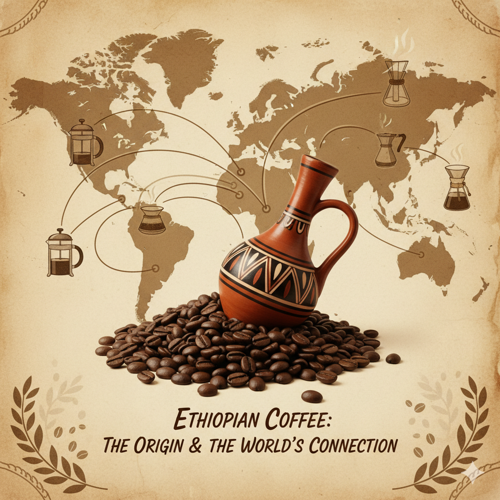 에티오피아 원두와 전통 커피포트, 전 세계 커피 문화가 연결된 상징적인 지도 이미지(이미지 생성:google)