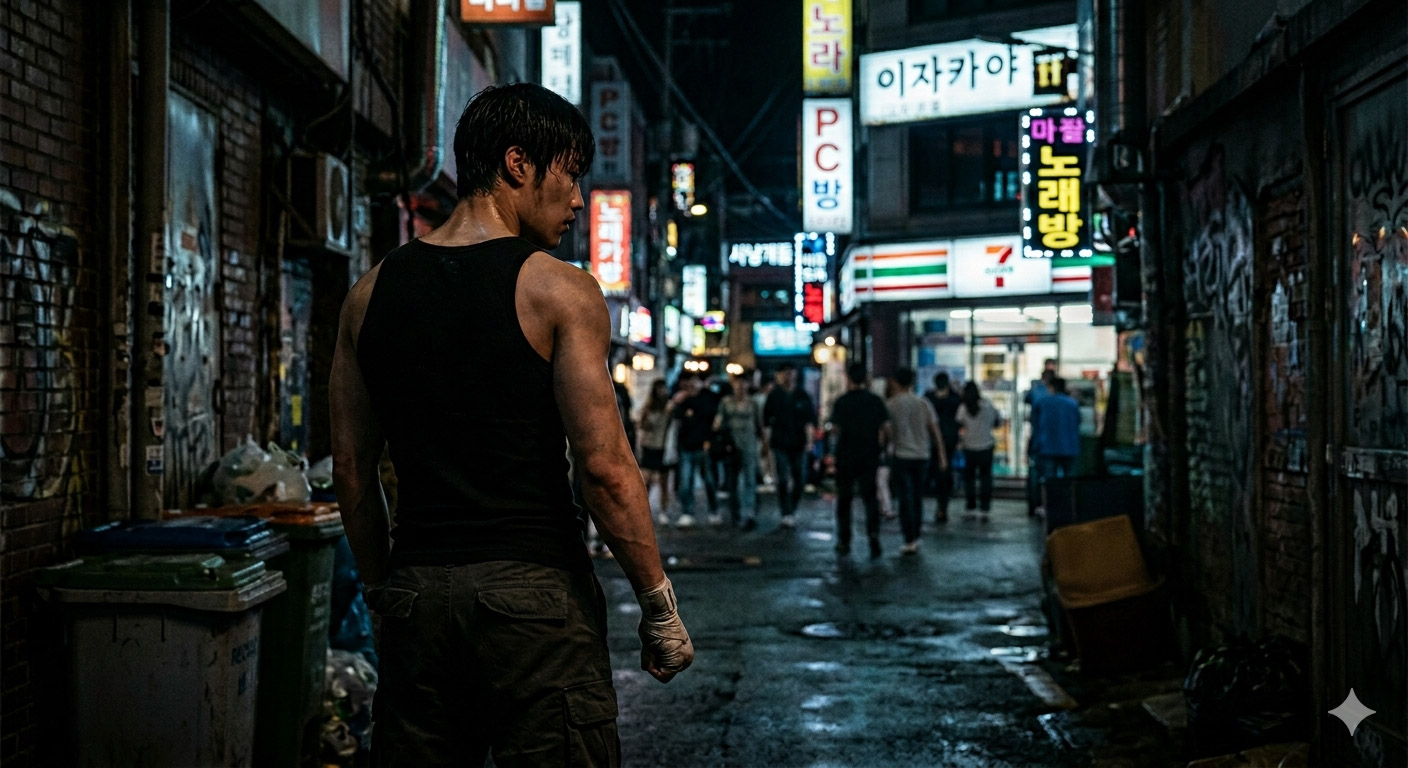 네온사인이 빛나는 서울의 어두운 뒷골목을 배경으로, 검은색 민소매를 입고 주먹을 쥔 채 비장하게 서 있는 남성의 뒷모습. 드라마 '사냥개들 시즌2'의 거칠고 긴장감 넘치는 분위기를 묘사한 이미지.