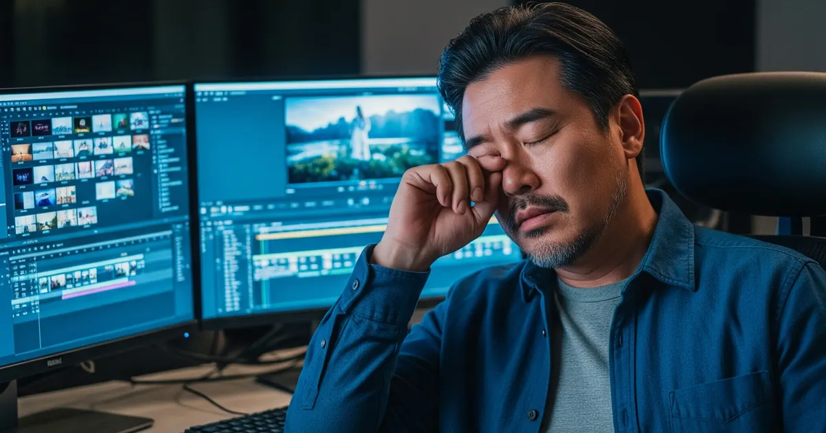 어두운 영상 편집실에서 블루라이트 모니터 앞에 앉아 피곤한 듯 안경을 벗고 눈을 비비는 40대 남성 작업자의 뒷모습