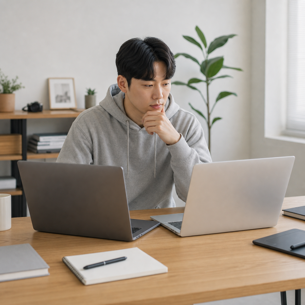 노트북 내용을 확인하는 한국인 실사 이미지 1