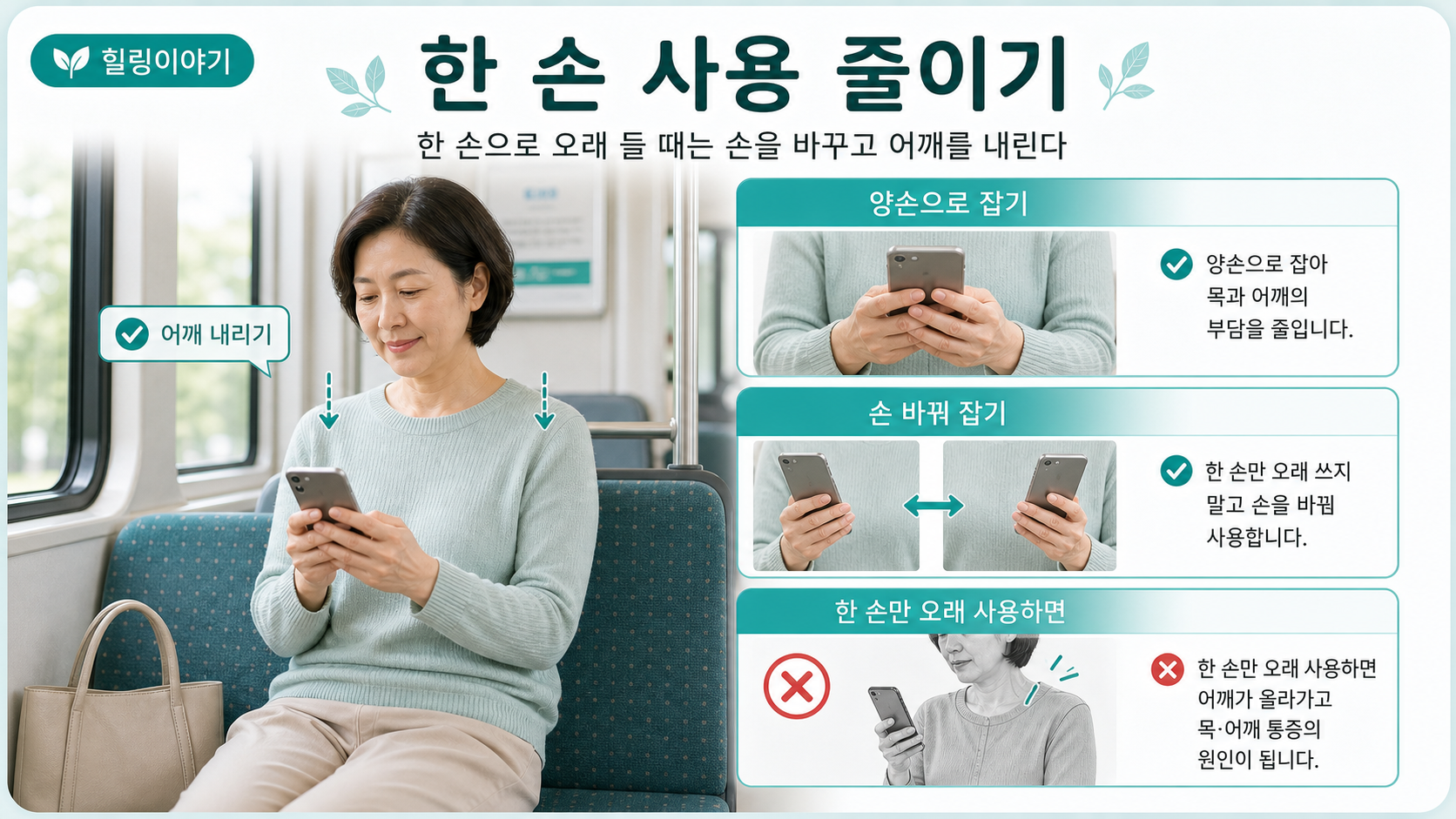 한 손으로 스마트폰을 오래 사용할 때 손 바꿔 잡기와 어깨 내리기를 설명하는 이미지