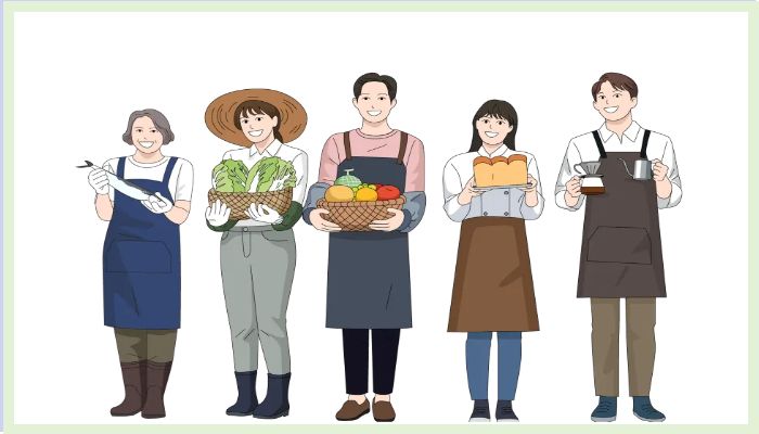 다양한 업종의 소상공인들이 일렬로 서 있는 모습. 왼쪽부터 농산물, 채소, 과일, 제빵, 커피 등 각각의 특성을 나타내는 소도구를 들고 밝게 웃고 있는 남녀 다섯 명의 일러스트.