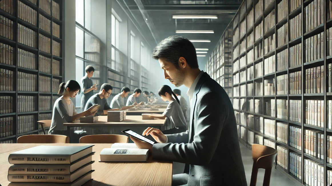 공공 도서관에서 태블릿으로 소셜 미디어 스레드를 확인하는 중년 한국인 남성