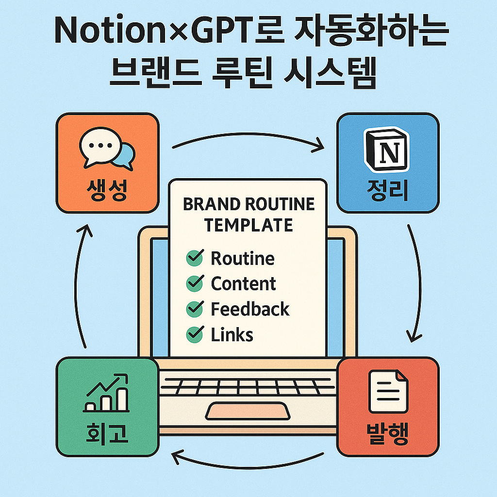 ChatGPT와 Notion을 활용해 콘텐츠 생성, 정리, 발행, 회고까지 자동화하는 1인 브랜드 루틴 시스템을 설명하는 평면 인포그래픽 스타일 일러스트