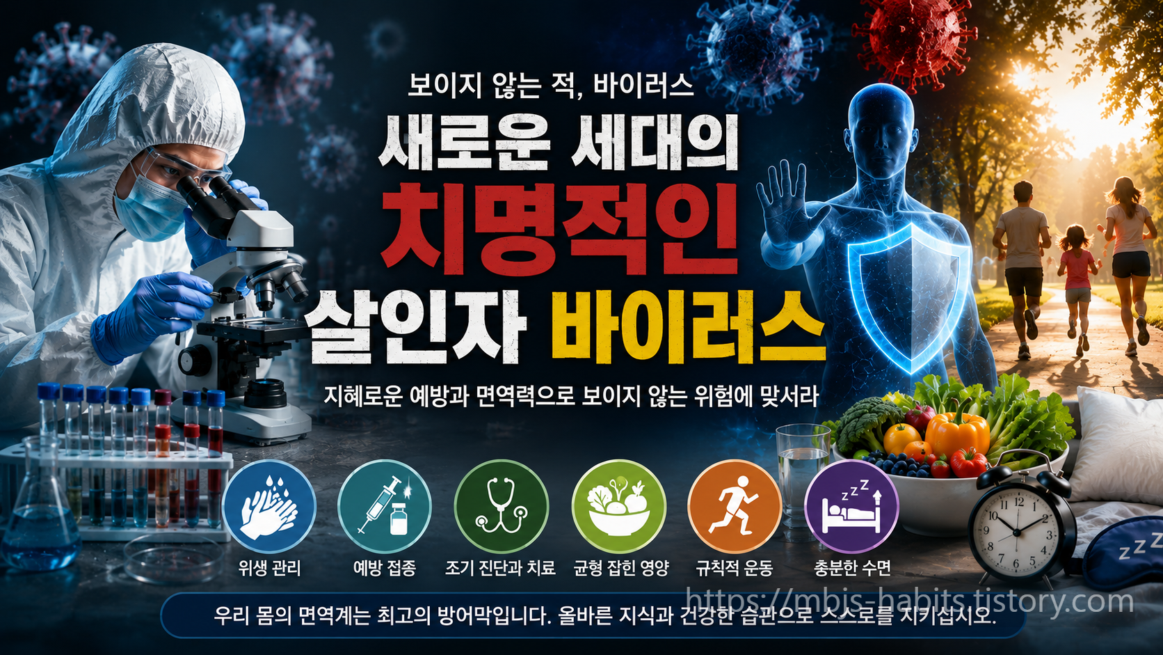 치명적인 바이러스와 인체 면역계의 방어, 예방과 건강습관을 표현한 이미지
