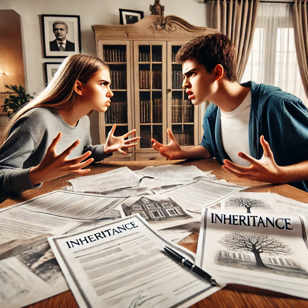 재산 분배 과정에서 형제들 간의 갈등을 나타내는 이미지, 서류를 놓고 서로 대립하는 모습