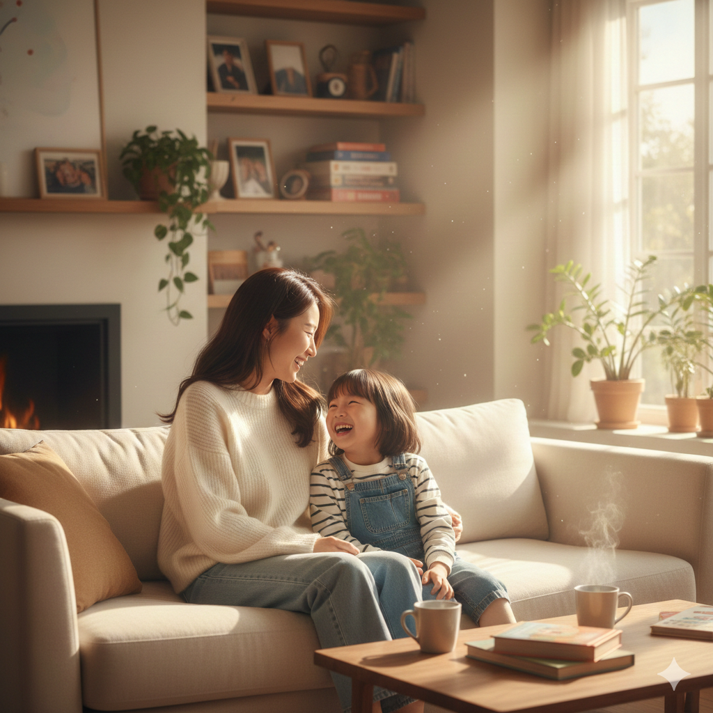 따뜻한 햇살 아래 부모와 아이가 눈을 맞추며 웃고 있는 평화로운 분위기의 사진