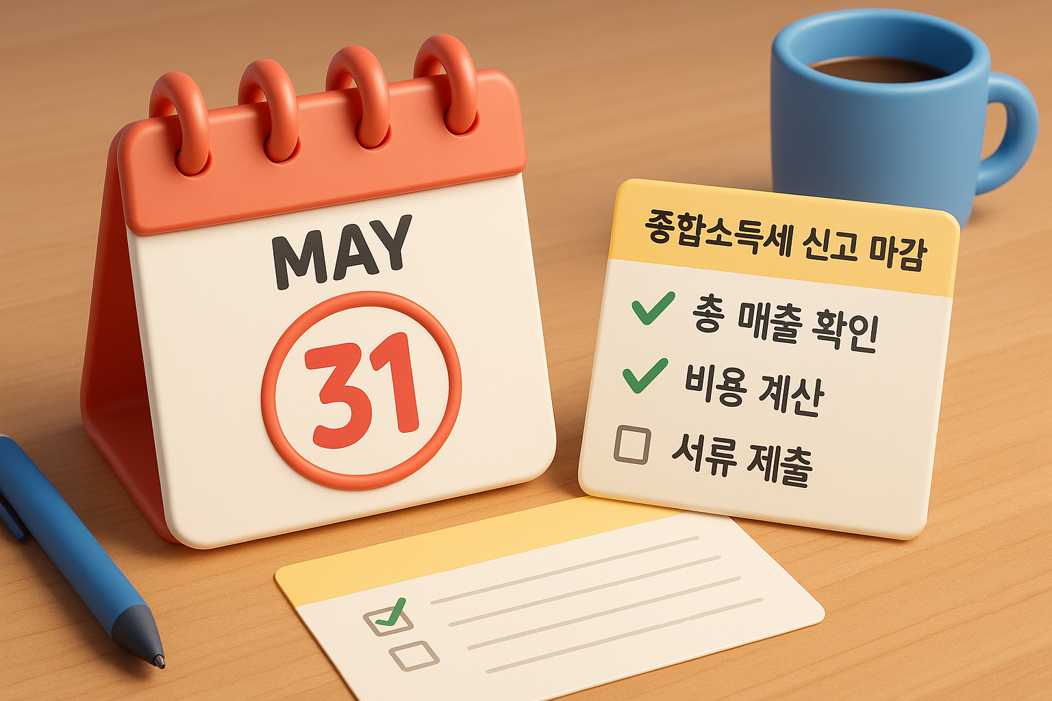 달력에 '종합소득세 신고 마감일'이 동그라미 쳐져 있고 옆에 체크리스트가 있는 이미지