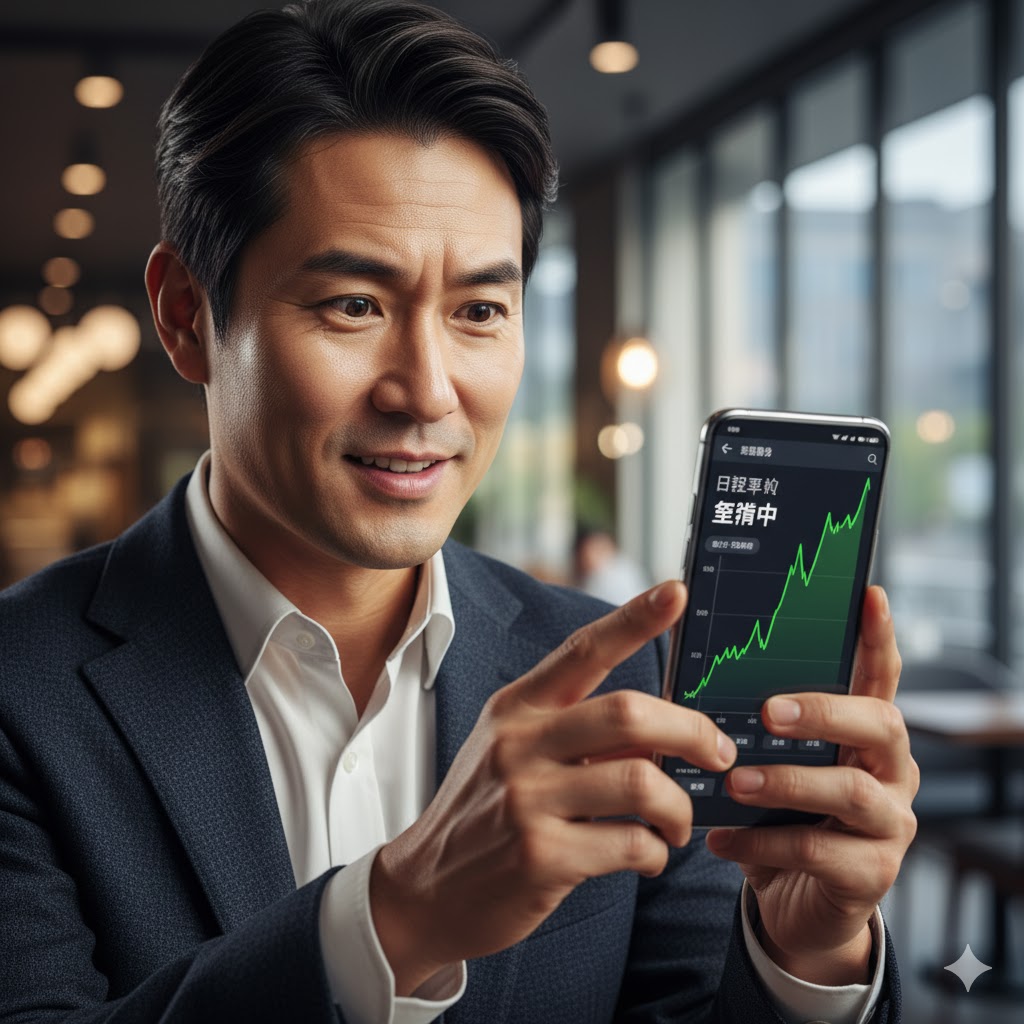 스마트폰으로 일본 주식 차트를 보며 흥미진진한 표정을 짓는 투자자