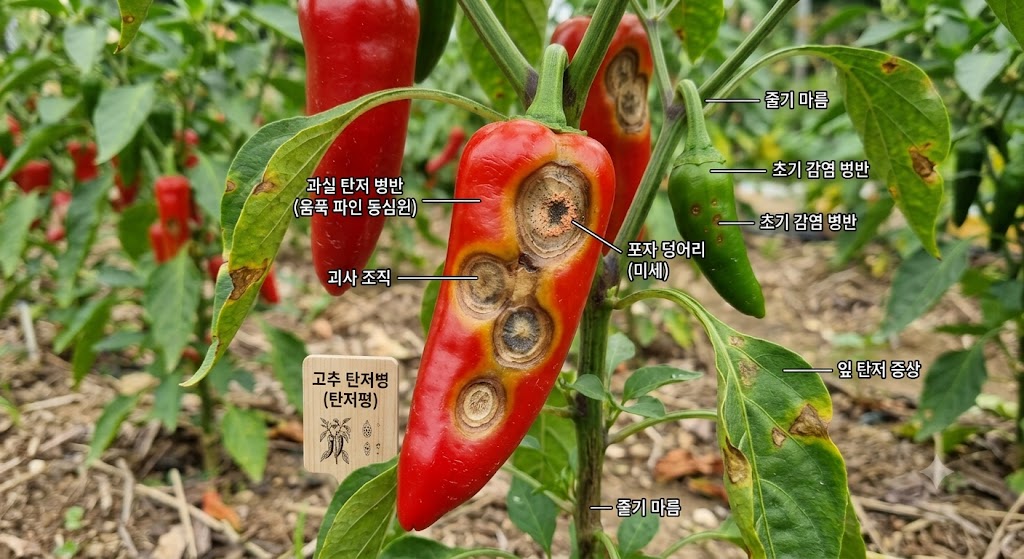 고추와 잎에 나타나는 여러 탄저병 증상 모습