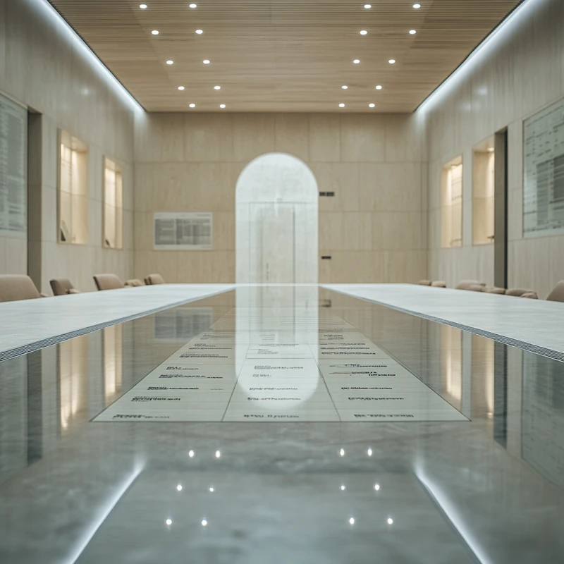 기업 회의실에 전시된 다양한 ETF 옵션 비교 표, 분석적 정확성과 전략적 사고 강조, 자료 반영하는 고급스러운 표면