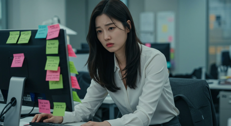 집중하지 못하고 산만한 직장인 여성의 일상 모습