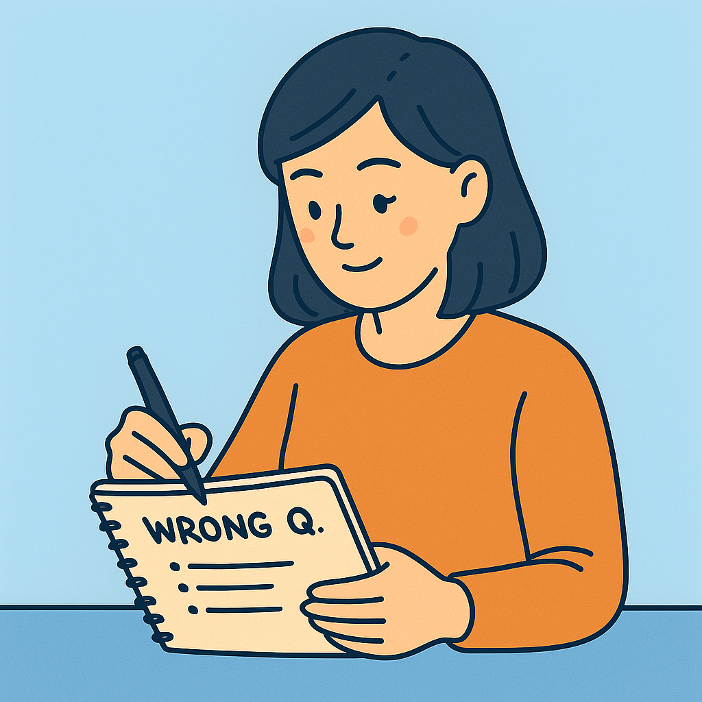 평면 벡터 스타일 일러스트: 하늘색 배경 앞에서 중간 길이 갈색 머리 여성이 나무 책상에 앉아 스프링 노트에 펜으로 필기하며 집중하는 모습. 여성 주위에는 연필, 메모장, 작은 전구 모양 아이콘이 떠 있어 공부 중인 분위기를 강조합니다.