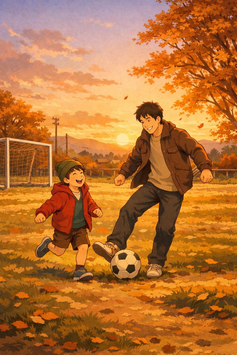 지브리 스타일로 표현된 늦가을 축구장, 아빠와 아이가 공을 차며 웃음 짓는 순간을 포근한 저녁빛과 함께 담아낸 풍경