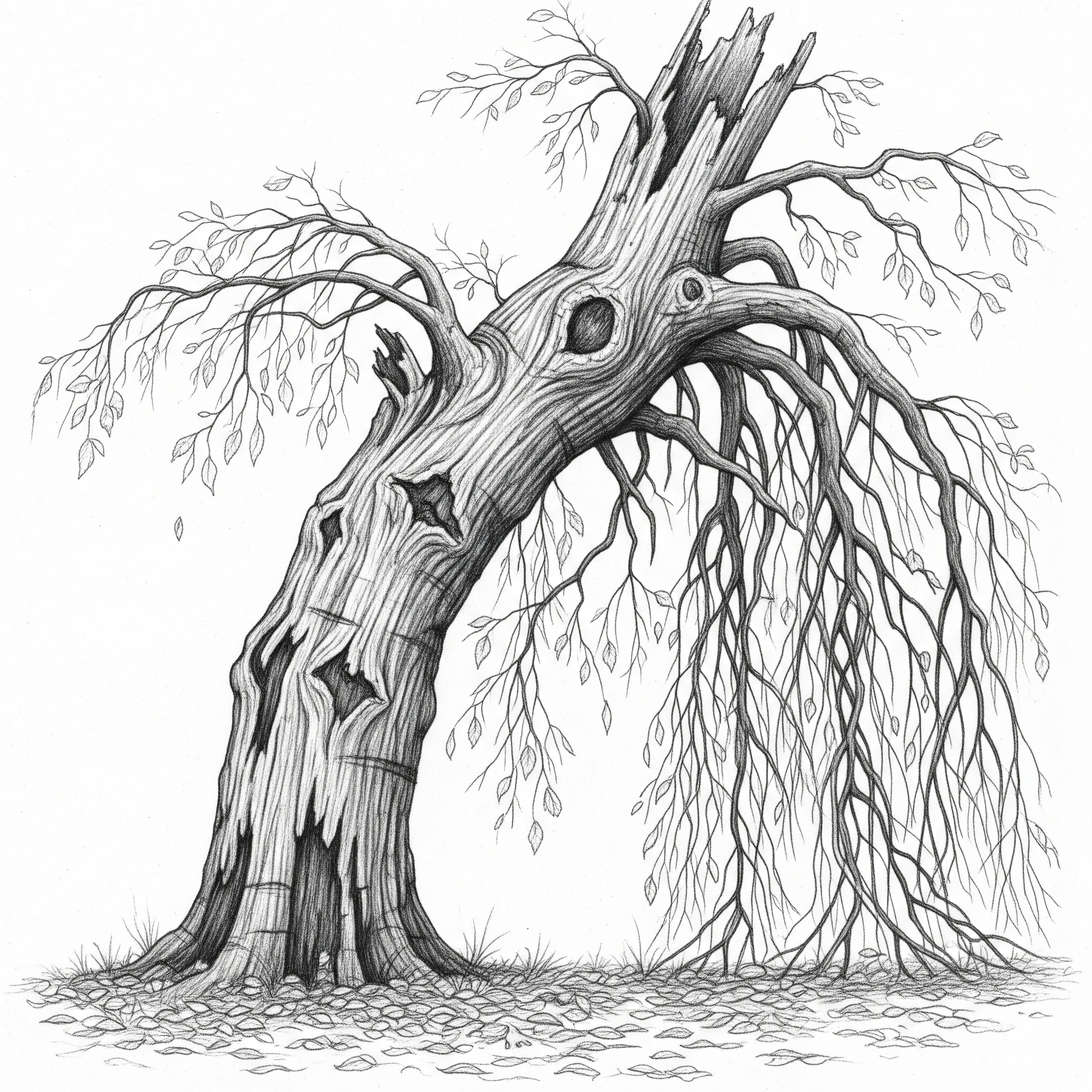 줄기에 상처가 있고 잎이 떨어져 있는 나무