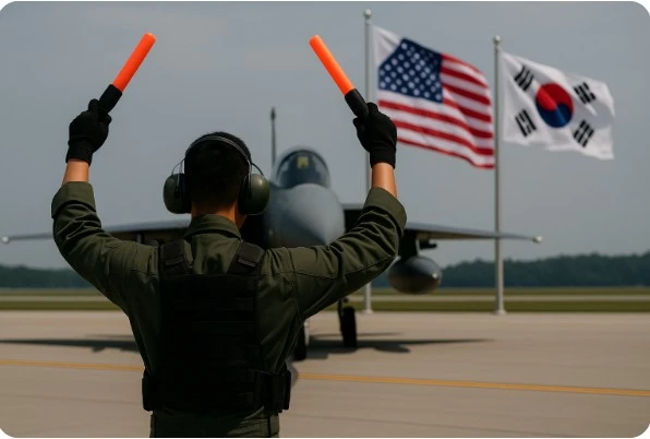 활주로에서 항공기를 유도하는 군수 요원과 한미 국기