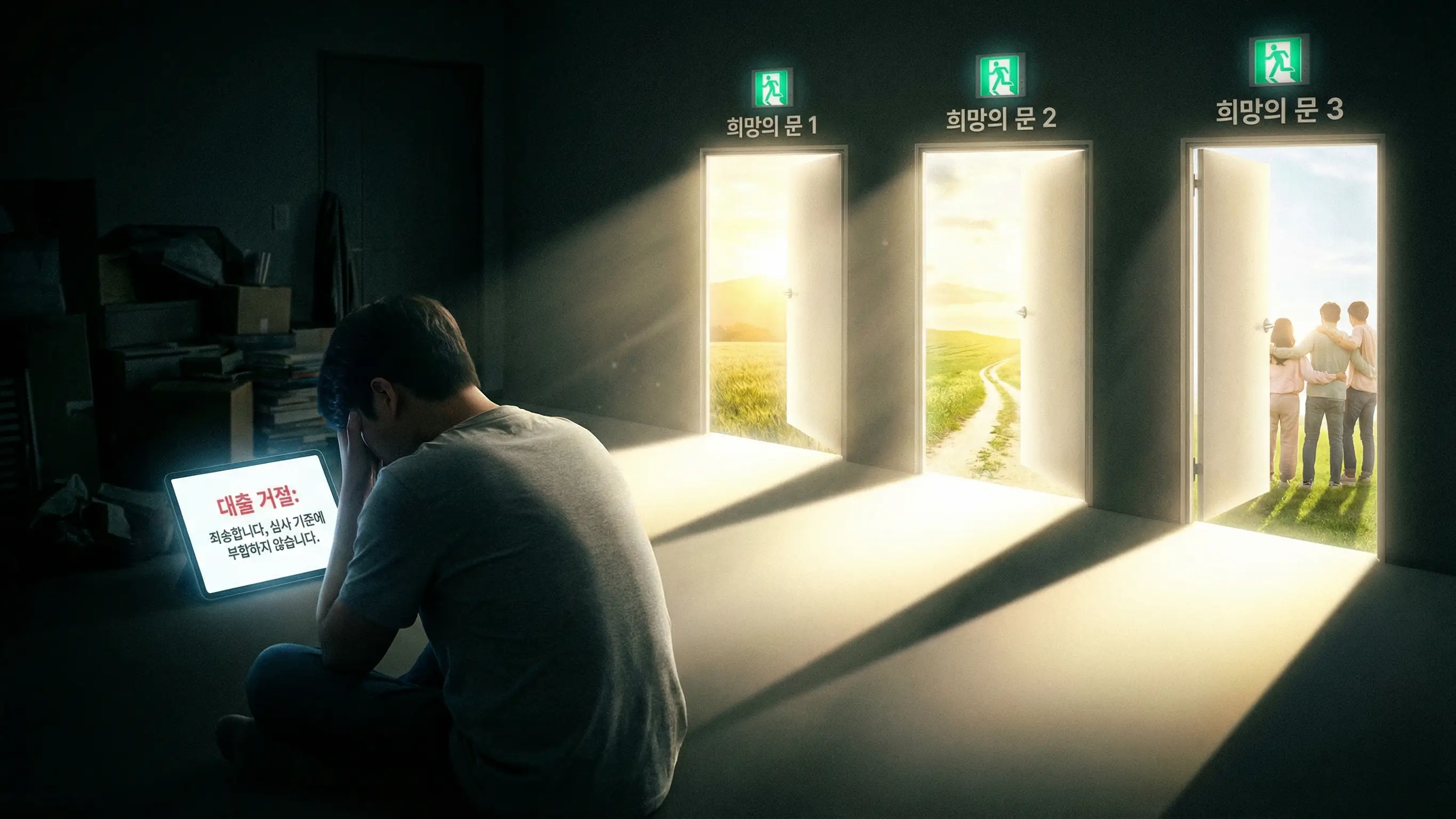 대출 거절 메시지를 보고 절망하는 사람에게 세 개의 새로운 비상구가 열리는 희망적인 이미지