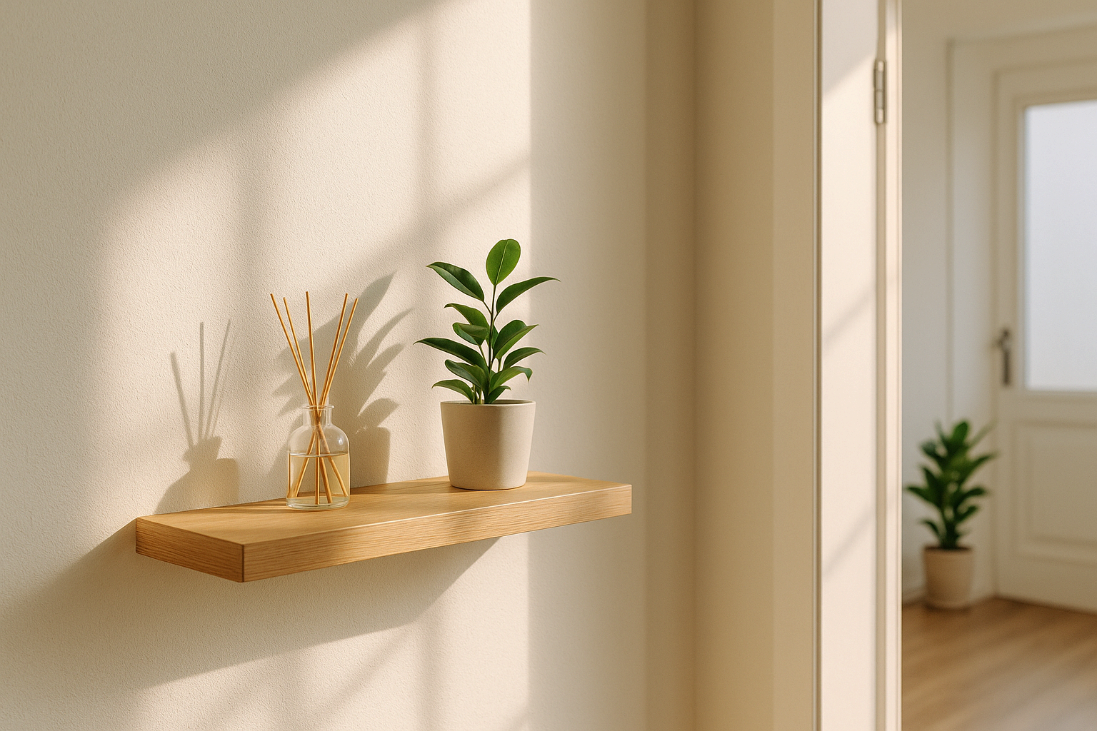 화이트톤 현관 선반 위에 유리병 디퓨저와 식물이 놓인 밝은 인테리어