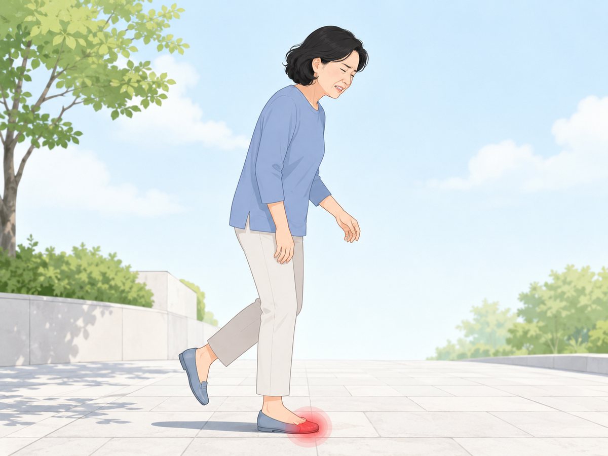 걷는 중 앞발바닥에 지간신경종 통증이 와서 얼굴을 찡그리는 중년 여성