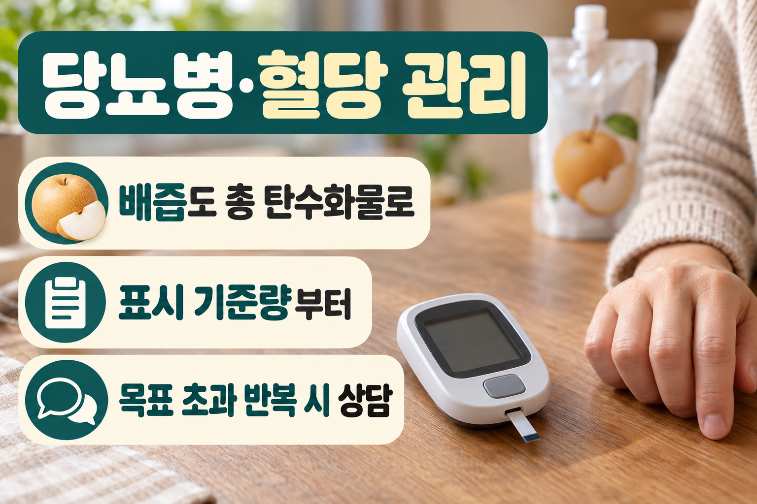 배즙을 더 마시기 전에 총 탄수화물부터 보세요를 설명하는 질환별 실사 인포그래픽