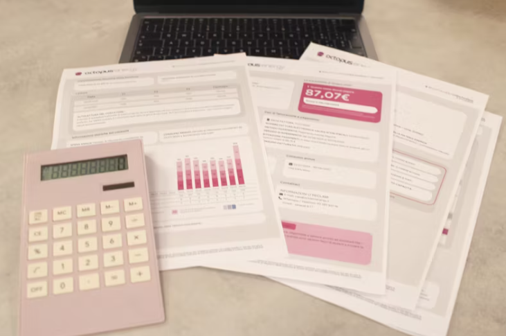 보험 관련 서류와 계산기가 놓여 있는 모습으로, 보험 보장 범위와 비용을 비교하는 상황을 상징