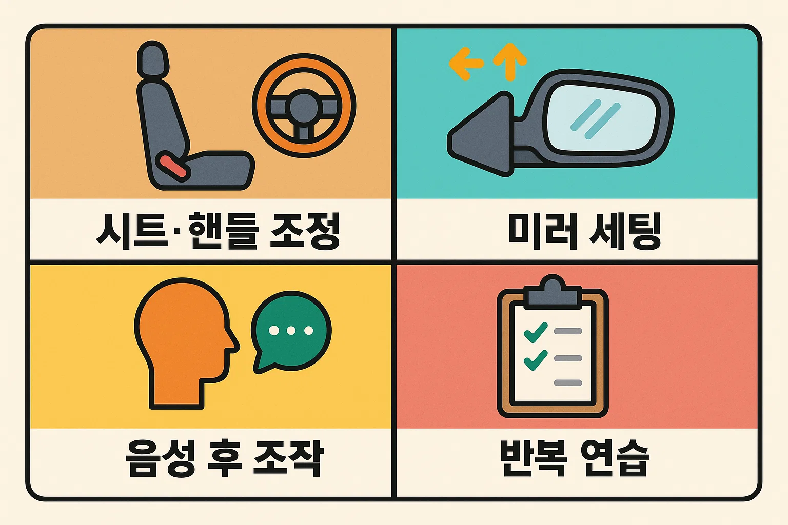 운전면허 기능시험에서 필수적인 시트 및 핸들 조정, 미러 세팅, 음성 후 조작, 반복 연습 등 기본 조작과 자세 팁을 담은 인포그래픽