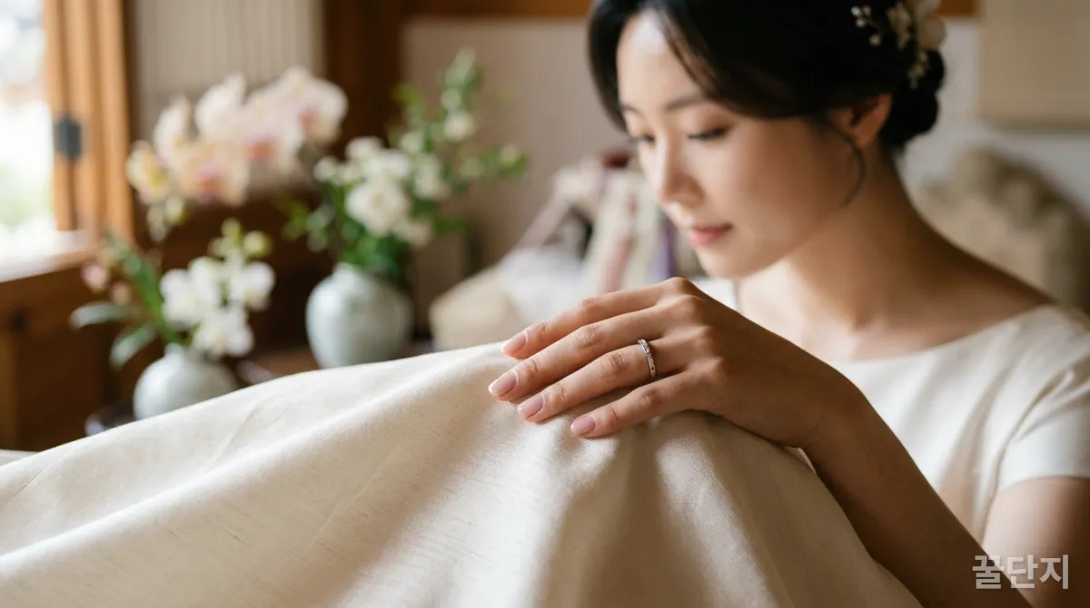 2026년 웨딩드레스 트렌드 소재의 질감을 보여주는 한국인 신부의 손