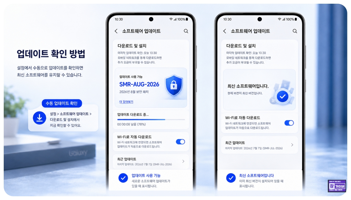 갤럭시 소프트웨어 업데이트 다운로드 및 설치에서 SMR-AUG-2026을 수동 확인하는 화면