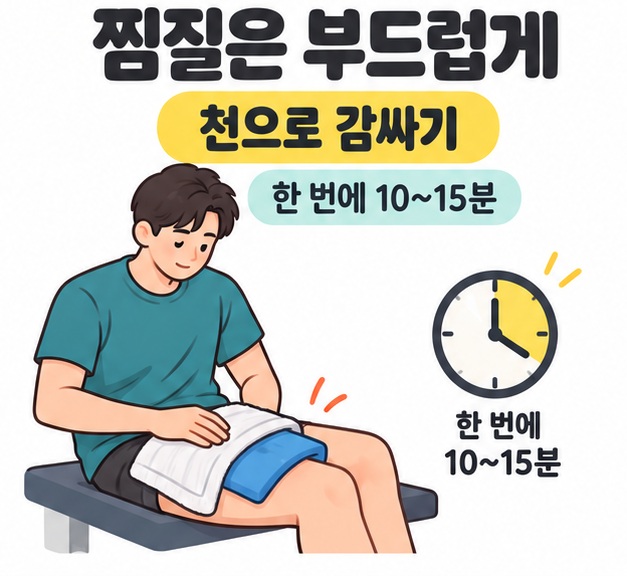 허벅지에 천을 덧댄 찜질팩을 올린 사람과 시계를 통해 한 번에 10~15분 찜질을 안내하는 모습