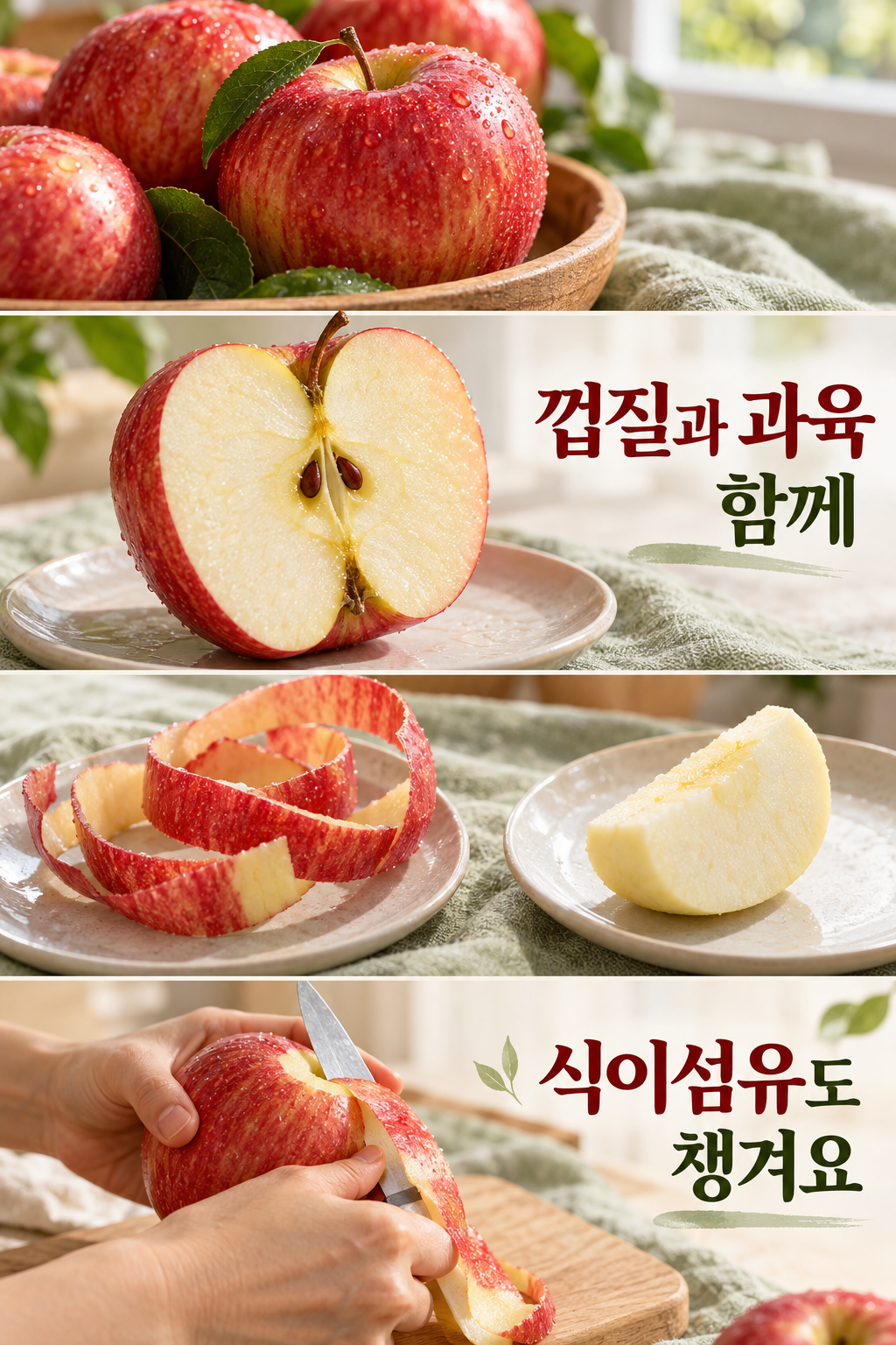 껍질 있는 사과의 절단면과 껍질을 제거한 과육을 비교하는 장면.