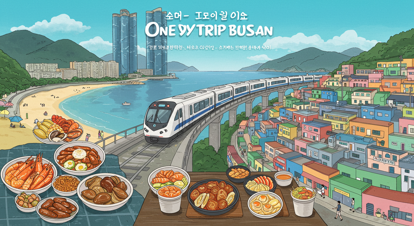 부산 해운대, 해변열차, 해산물 점심, 감천문화마을이 포함된 당일치기 여행 일러스트