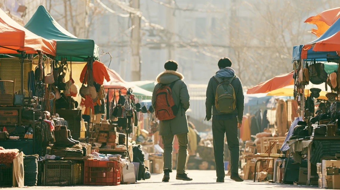 플리마켓에서 물건을 보며 대화하는 사람들