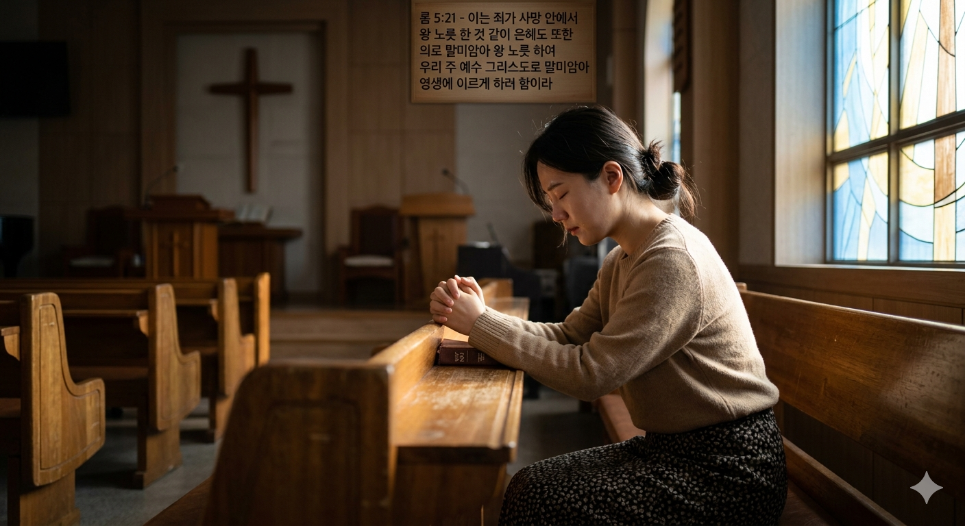 롬 5:21 말씀에서 하나님과 옳은 관계를 맺을 수 있는 것은 나의 행동이 아니라 하나님의 은혜임을 기억하며, 하나님께 은혜를 구하는 기도를 드리는 모습입니다.