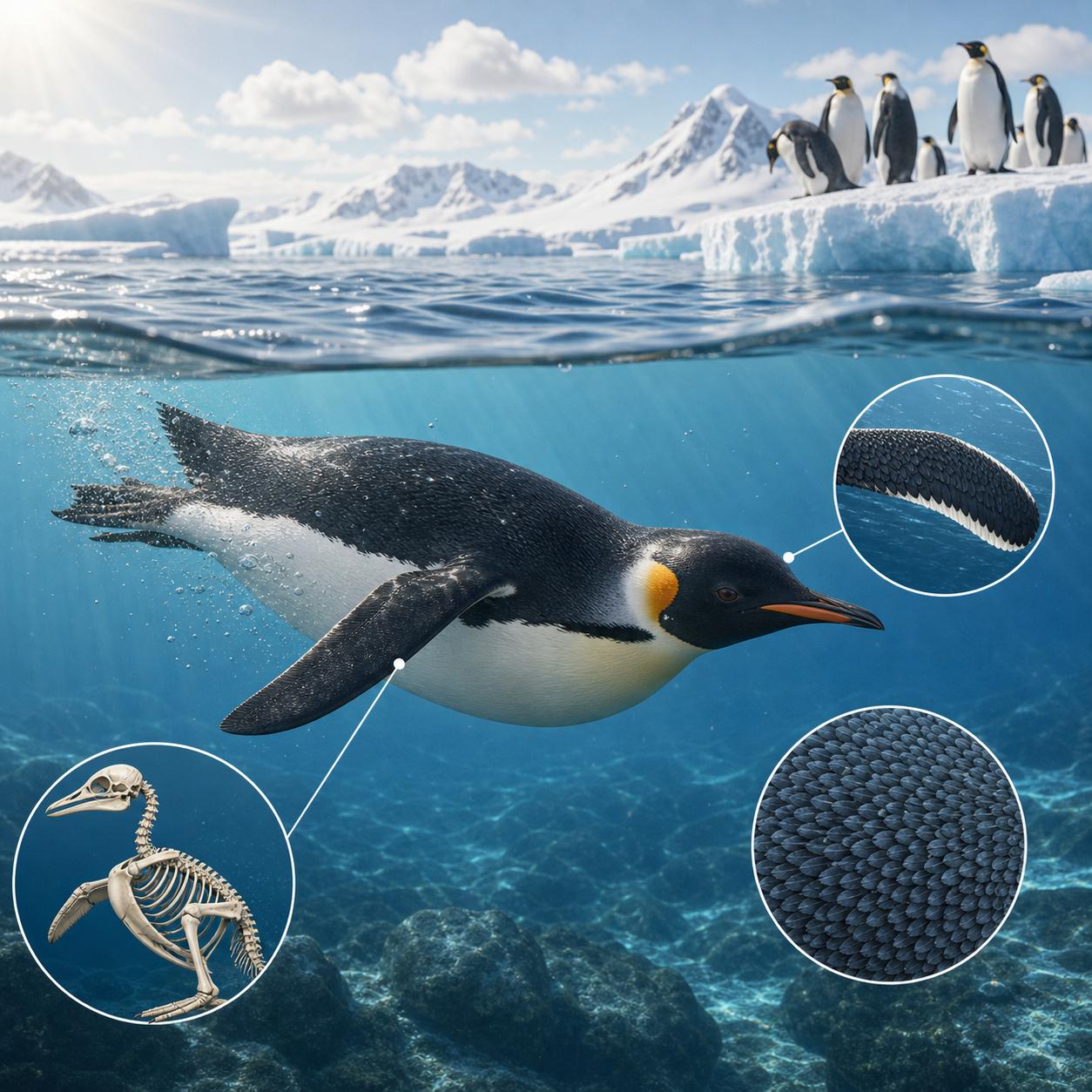 Penguin swimming underwater with flipper-like wings in an educational illustration
