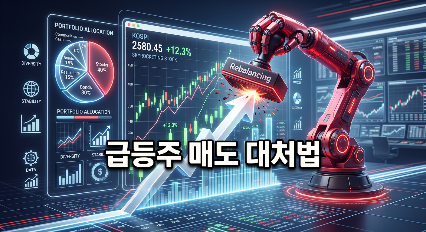 하락하는 붉은 화살표의 폭풍우 속에서 안전하게 솟아오르는 상승 주식 차트를 향해 빛나는 붉은색 과녁이 집중되고 있으며, 틈새 수혜주와 연기금의 강력한 순매수세를 상징하는 붉은 방패가 상승하는 녹색 캔들을 보호하는 3D 일러스트 배경에, 짙은 그림자와 외곽선으로 선명하게 강조된 '리밸런싱 수혜주'라는 한글 문구가 중앙에 적힌 이미지