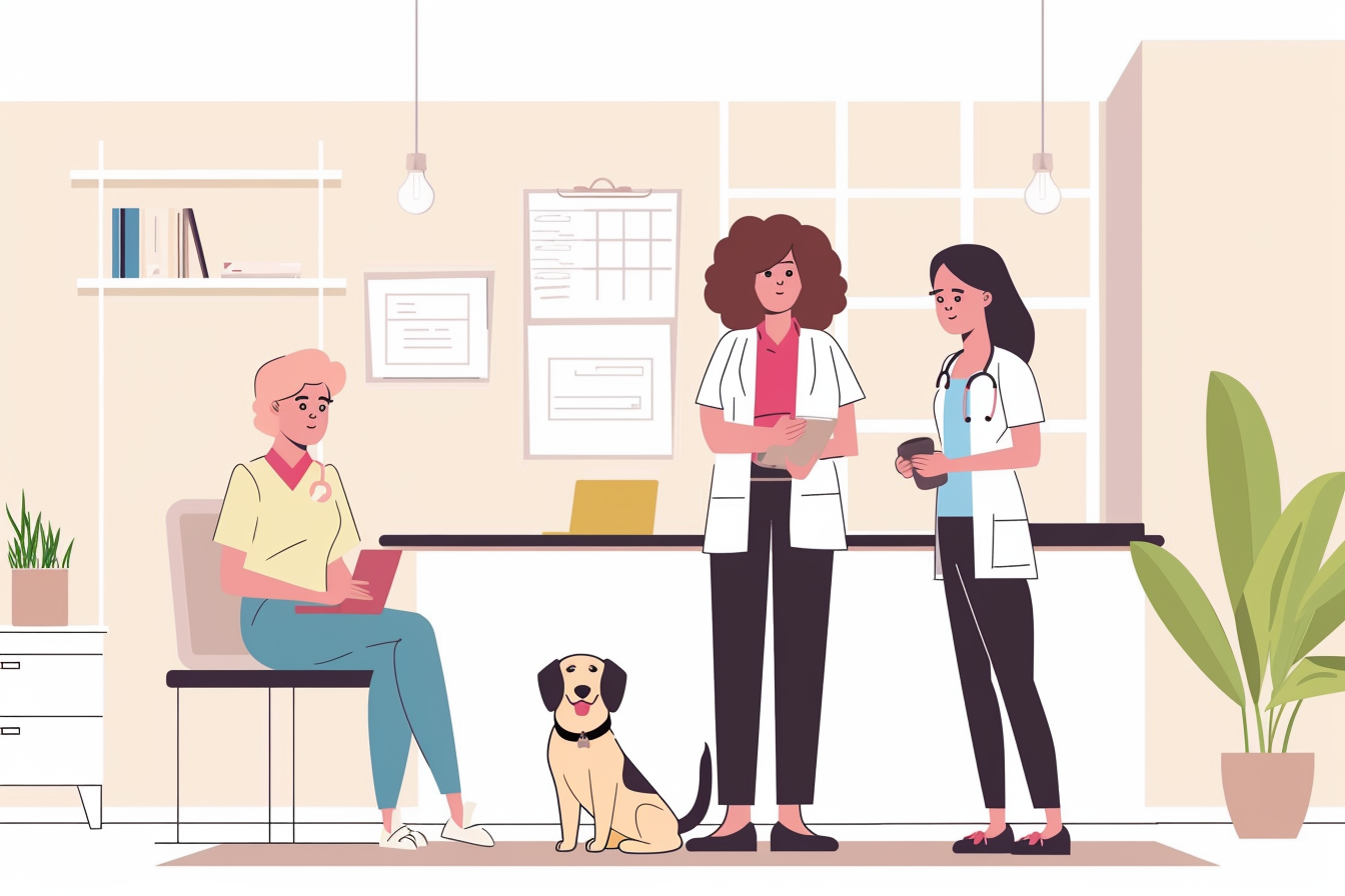 Confident female veterinarian in clinic giving skincare advice to dog owner