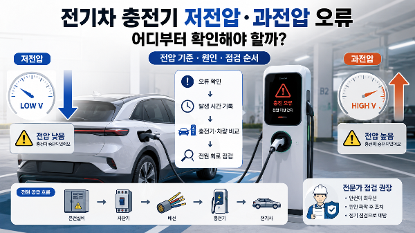 전기차 충전기의 저전압&middot;과전압 오류와 점검 순서를 안내하는 이미지