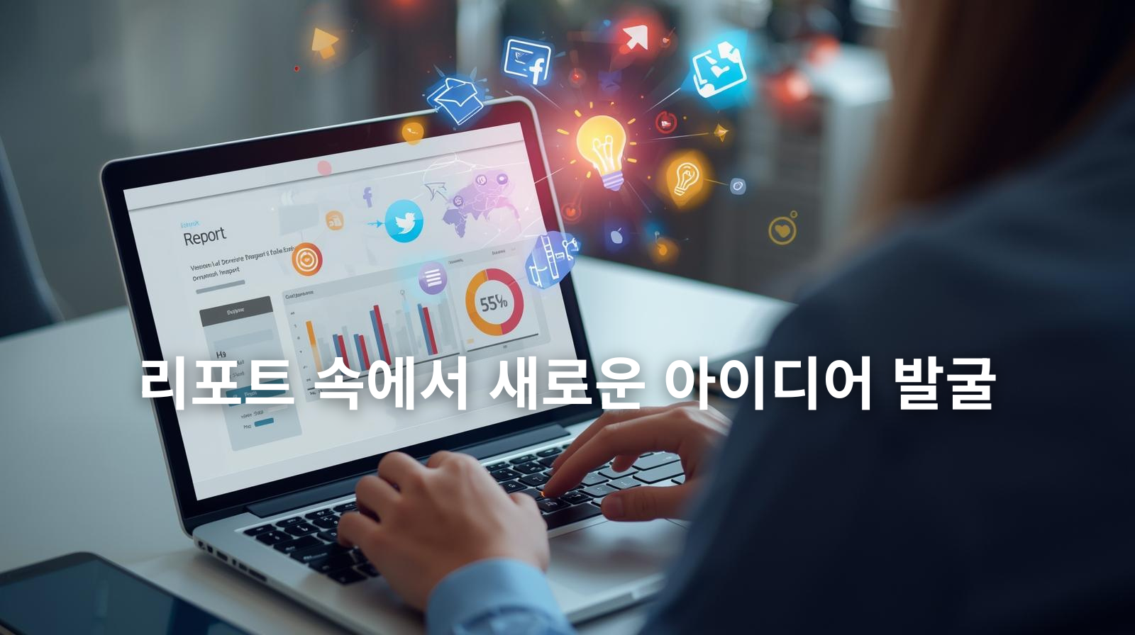 한 사람이 완성된 리포트를 보고, 옆에 카드뉴스&middot;블로그 아이콘이 새 아이디어처럼 떠오르는 장면