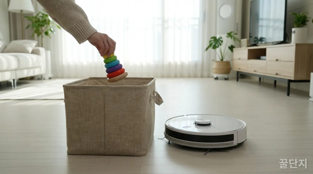 로봇청소기 청소 전 바닥 물건을 정리하는 손
