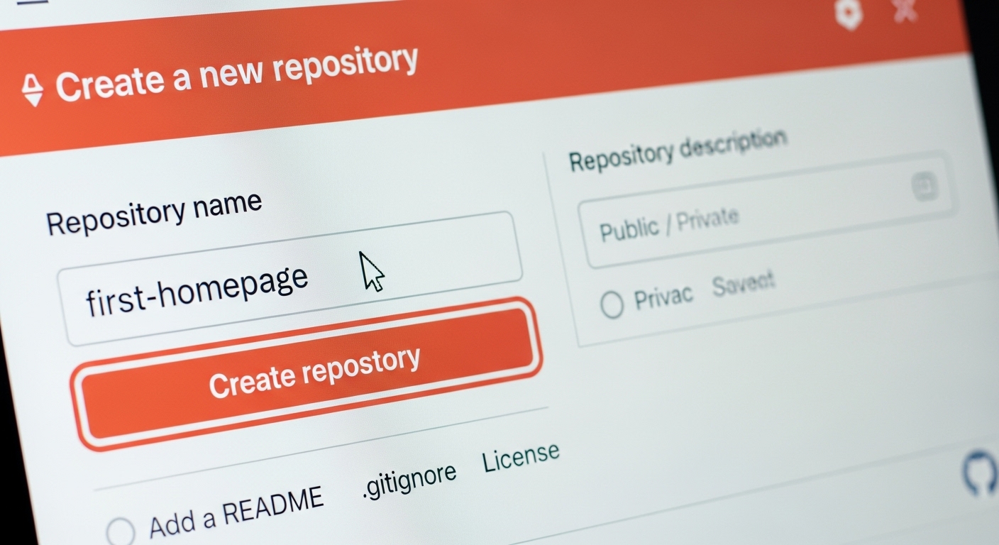 GitHub에서 'Create Repository' 버튼을 클릭하여 새로운 저장소를 만드는 화면. 첫 번째 홈페이지 프로젝트 이름이 입력되고 있습니다.