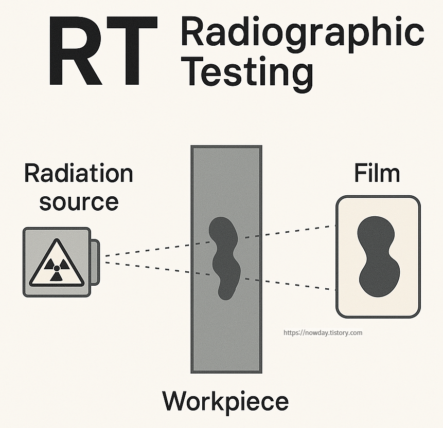 Schematic diagram of the RT process showing radiation passing through a metal workpiece to expose a flaw on film in non-destructive testing