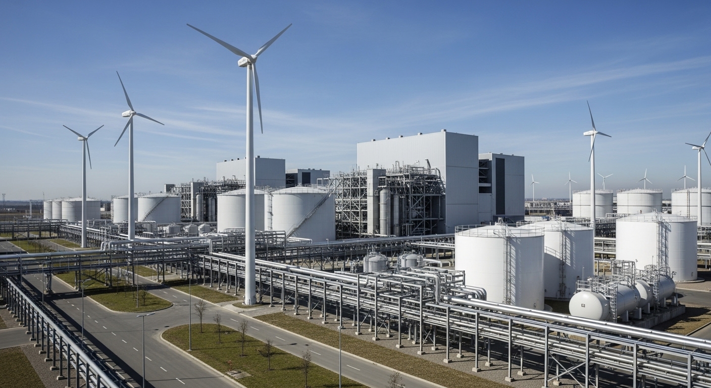 대규모 수소 연료전지 발전소 또는 수소 생산 시설의 전경. 깨끗하고 현대적인 산업 디자인으로 수소 경제의 성장과 인프라 확장을 상징한다.