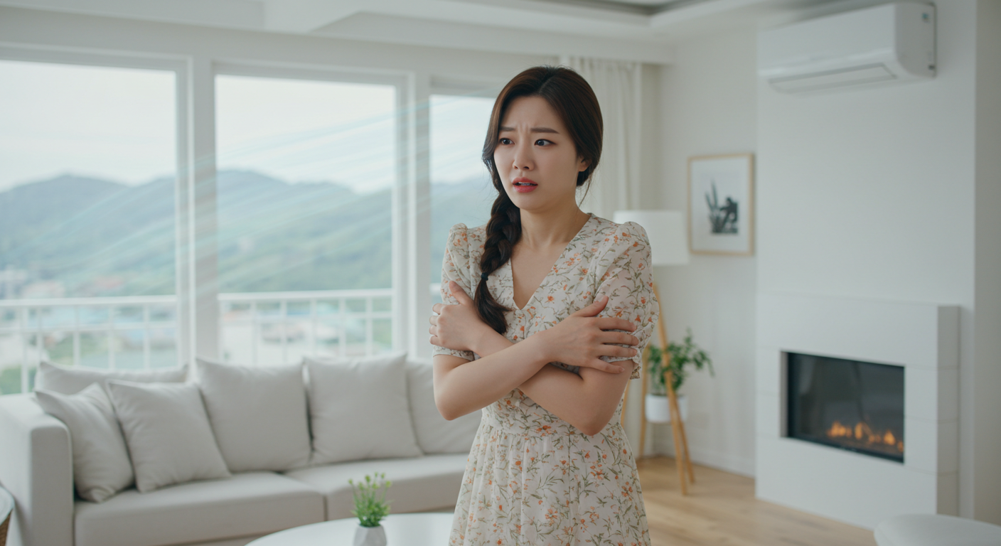 에어컨 바람때문에 냉방병 증세를 보이는 여성이미지