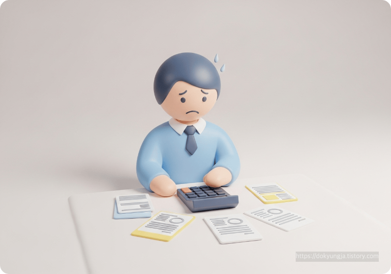고민하는 소상공인 사업자가 계산기를 보며 걱정하는 모습의 3D 일러스트